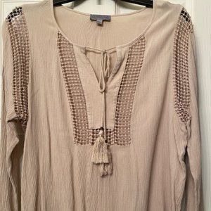 Joseph A Long Sleeve Crinkle Top Crochet Accent - Tan - L